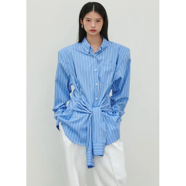 The Frankie Shop Heaton Double-Sleeve Padded Shirt - Blue/White Stripe - Oversized Minimalist Tops in Multicolour - Shop at Luxury Shoes 