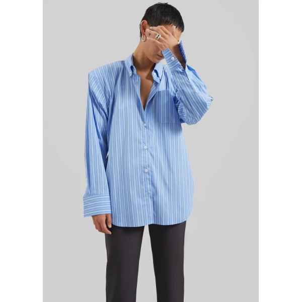 The Frankie Shop Heaton Double-Sleeve Padded Shirt - Blue/White Stripe - Oversized Minimalist Tops in Multicolour - Shop at Luxury Shoes 