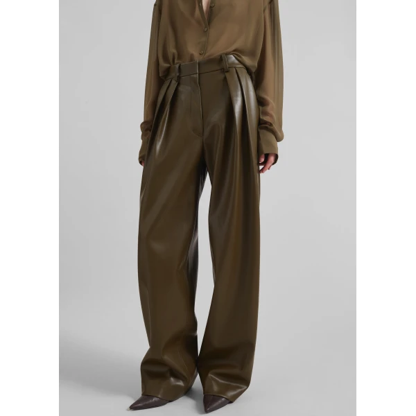 The Frankie Shop Helsinki Faux Leather Pants - Olive - Oversized Minimalist Pants in Green - Shop at Luxury Shoes 