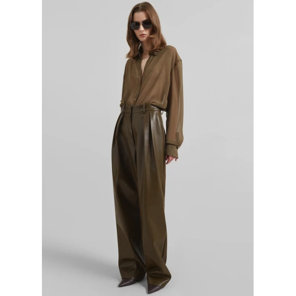 The Frankie Shop Helsinki Faux Leather Pants - Olive - Oversized Minimalist Pants in Green - Shop at Luxury Shoes 