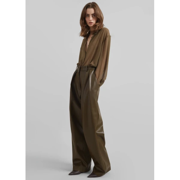 The Frankie Shop Helsinki Faux Leather Pants - Olive - Oversized Minimalist Pants in Green - Shop at Luxury Shoes 