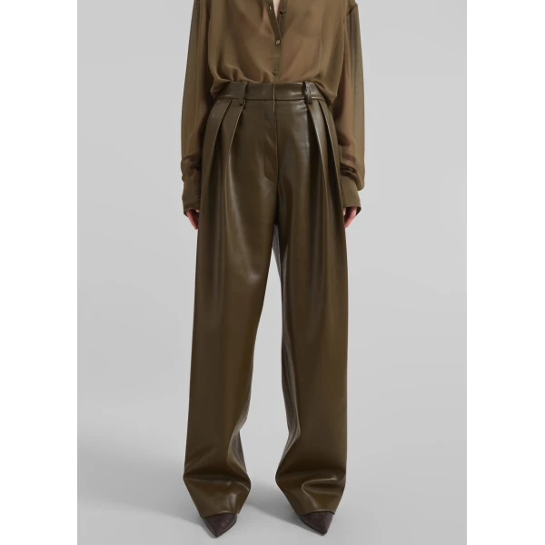 The Frankie Shop Helsinki Faux Leather Pants - Olive - Oversized Minimalist Pants in Green - Shop at Luxury Shoes 