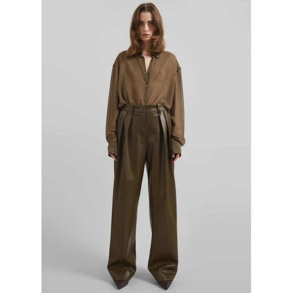 The Frankie Shop Helsinki Faux Leather Pants - Olive - Oversized Minimalist Pants in Green - Shop at Luxury Shoes 