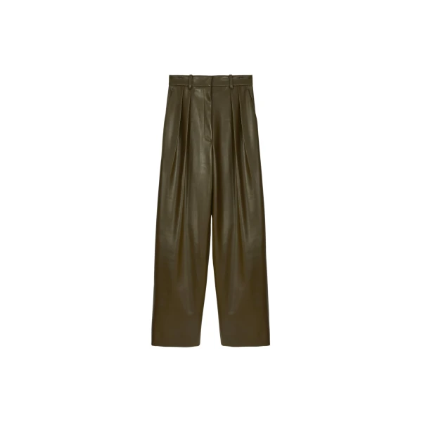 The Frankie Shop Helsinki Faux Leather Pants - Olive - Oversized Minimalist Pants in Green - Shop at Luxury Shoes 