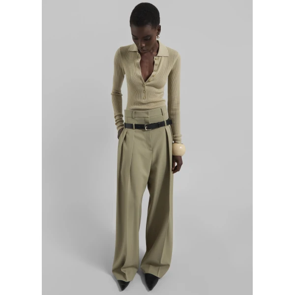 The Frankie Shop Hobart Double Belt Loop Trousers - Pale Olive - Oversized Minimalist Pants in Green - Shop at Luxury Shoes 