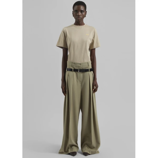The Frankie Shop Hobart Double Belt Loop Trousers - Pale Olive - Oversized Minimalist Pants in Green - Shop at Luxury Shoes 
