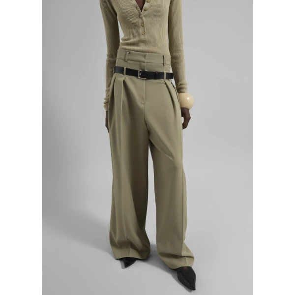 The Frankie Shop Hobart Double Belt Loop Trousers - Pale Olive - Oversized Minimalist Pants in Green - Shop at Luxury Shoes 