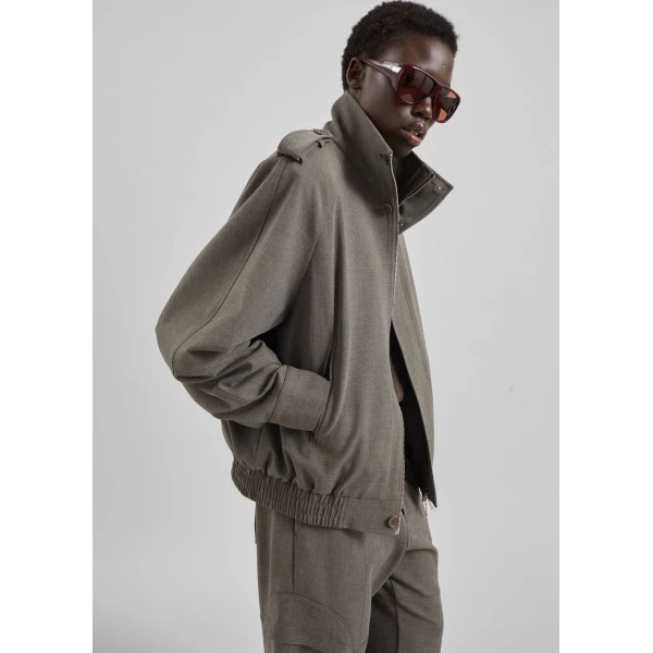 The Frankie Shop Kelly Padded Double Weave Blouson - Taupe Melange - Oversized Minimalist Jackets in Beige - Shop at Luxury Shoes 