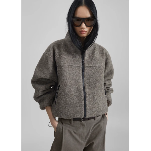 The Frankie Shop Kenei Fleece Zip Jacket - Greige Melange - Oversized Minimalist Jackets in Grey - Shop at Luxury Shoes 