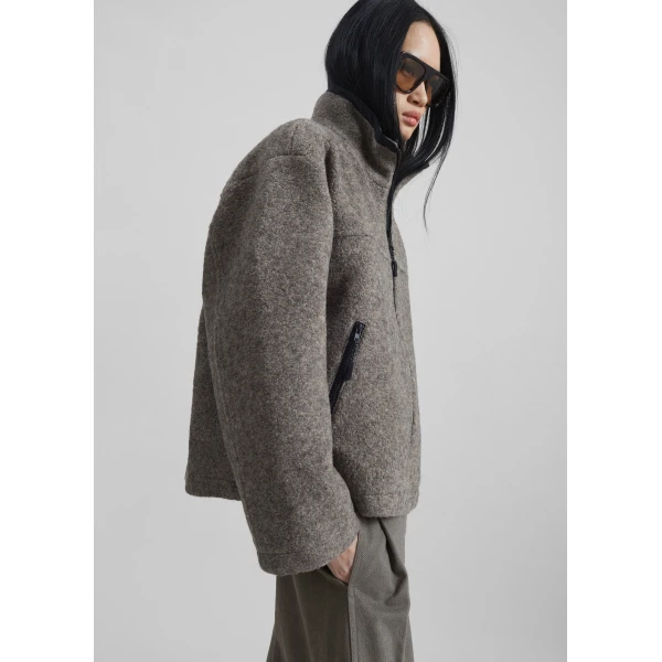 The Frankie Shop Kenei Fleece Zip Jacket - Greige Melange - Oversized Minimalist Jackets in Grey - Shop at Luxury Shoes 