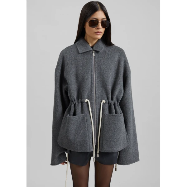 The Frankie Shop Lemvig Wool Drawstring Jacket - Grey - Oversized Minimalist Jackets in Grey - Shop at Luxury Shoes 