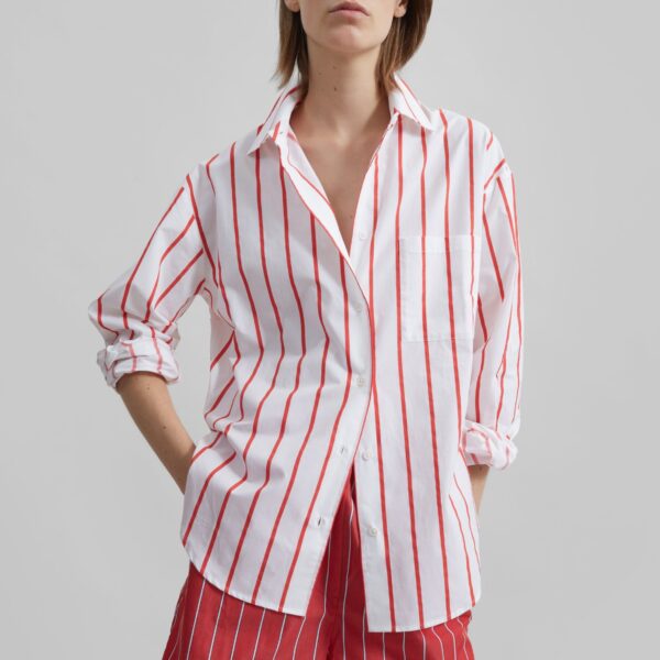 The Frankie Shop Lui Striped Cotton Shirt - White/Red Stripe - Oversized Minimalist Tops in Multicolour - Shop at Luxury Shoes 