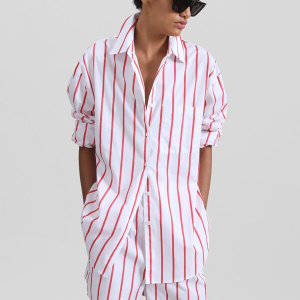 The Frankie Shop Lui Striped Cotton Shirt - White/Red Stripe - Oversized Minimalist Tops in Multicolour - Shop at Luxury Shoes 