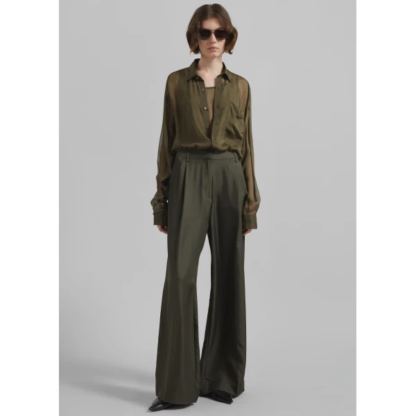The Frankie Shop Marfa Pleated Silk Trousers - Khaki - Oversized Minimalist Pants in Green - Shop at Luxury Shoes 