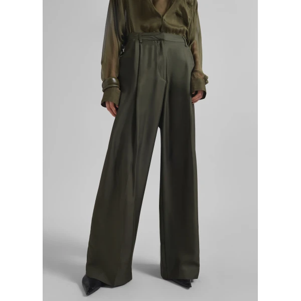 The Frankie Shop Marfa Pleated Silk Trousers - Khaki - Oversized Minimalist Pants in Green - Shop at Luxury Shoes 