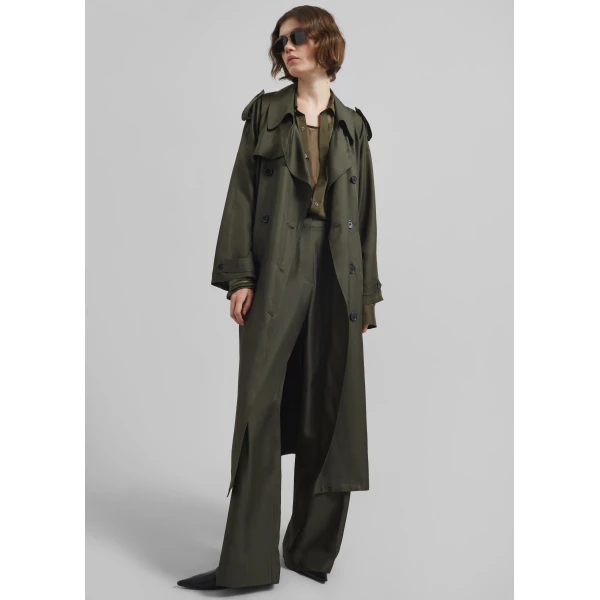 The Frankie Shop Marfa Pleated Silk Trousers - Khaki - Oversized Minimalist Pants in Green - Shop at Luxury Shoes 