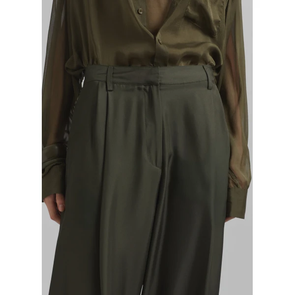 The Frankie Shop Marfa Pleated Silk Trousers - Khaki - Oversized Minimalist Pants in Green - Shop at Luxury Shoes 