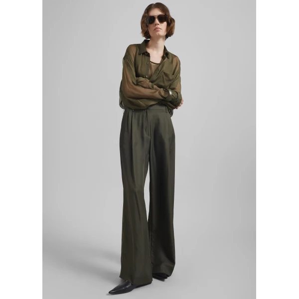 The Frankie Shop Marfa Pleated Silk Trousers - Khaki - Oversized Minimalist Pants in Green - Shop at Luxury Shoes 