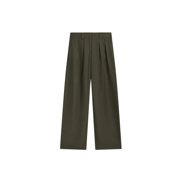 The Frankie Shop Marfa Pleated Silk Trousers - Khaki - Oversized Minimalist Pants in Green - Shop at Luxury Shoes 