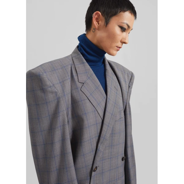 The Frankie Shop Marnay Padded Blazer - Grey Plaid - Oversized Minimalist Jackets in Multicolour - Shop at Luxury Shoes 
