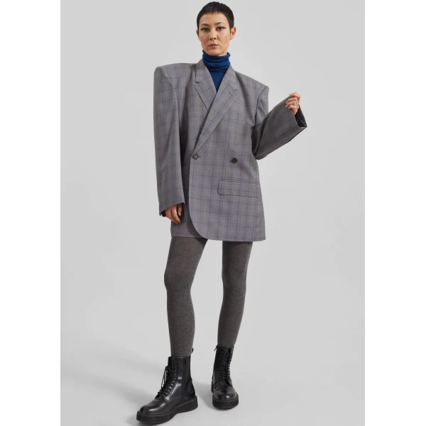 The Frankie Shop Marnay Padded Blazer - Grey Plaid - Oversized Minimalist Jackets in Multicolour - Shop at Luxury Shoes 