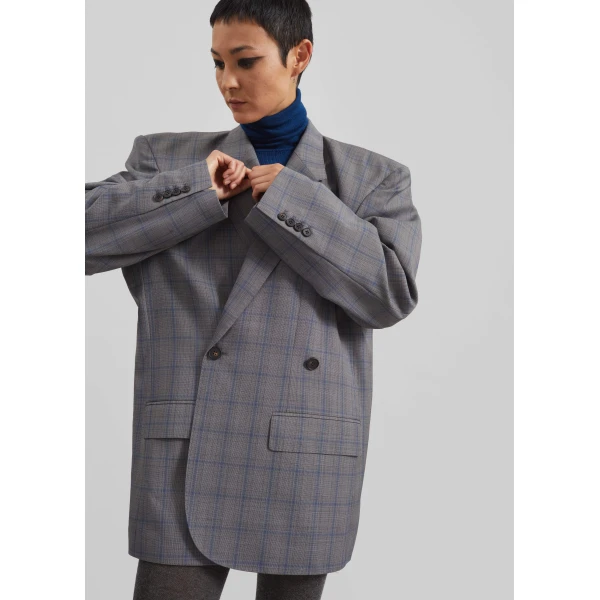 The Frankie Shop Marnay Padded Blazer - Grey Plaid - Oversized Minimalist Jackets in Multicolour - Shop at Luxury Shoes 
