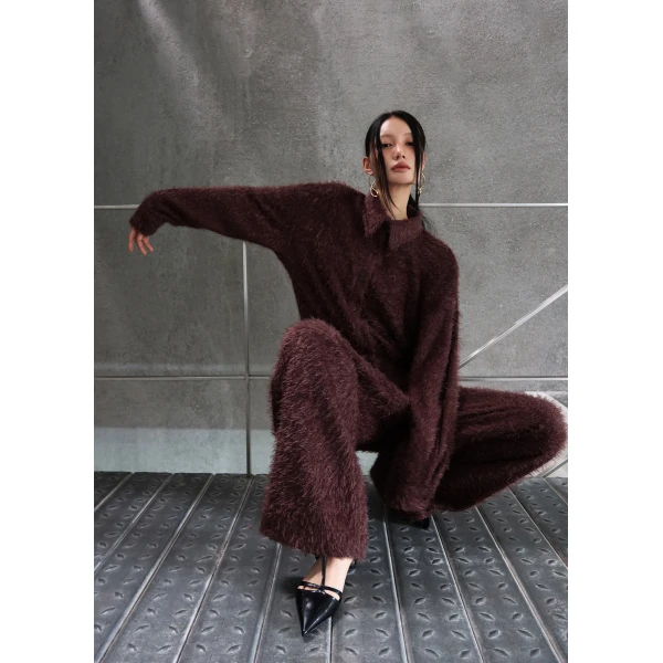 The Frankie Shop Melker Furry Pants - Mauve Brown - Oversized Minimalist Pants in Beige - Shop at Luxury Shoes 