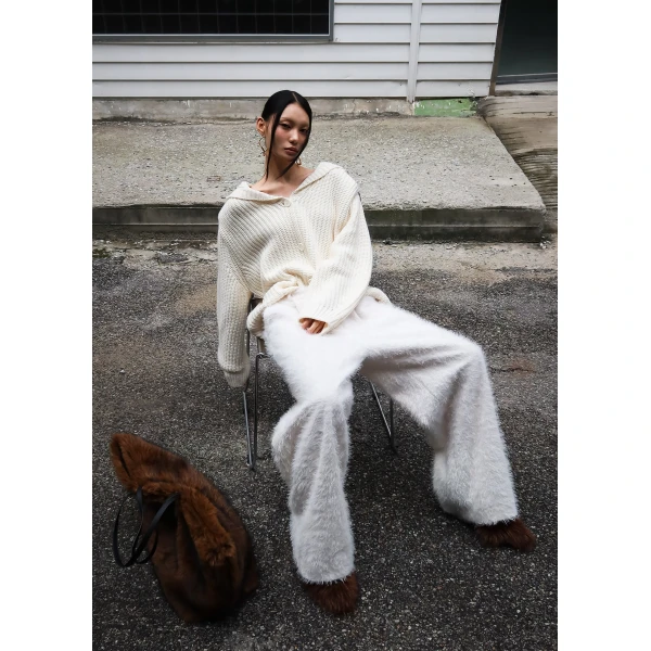 The Frankie Shop Melker Furry Pants - Off White - Oversized Minimalist Pants in White - Shop at Luxury Shoes 