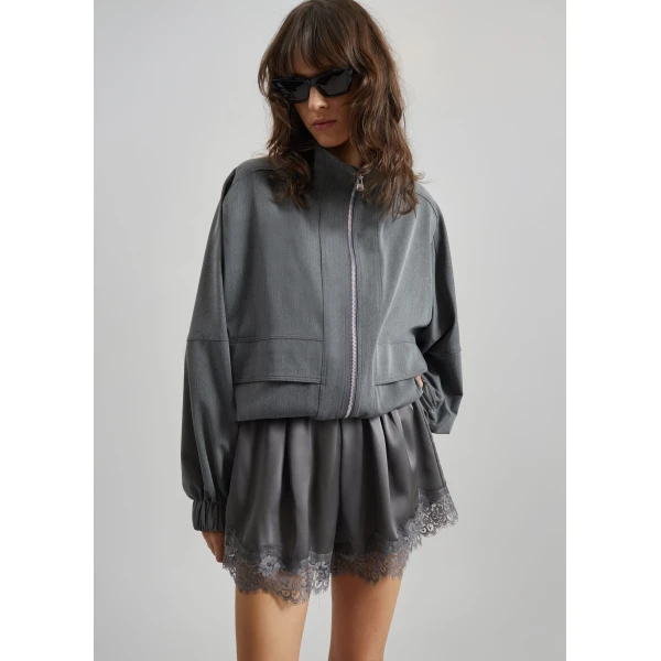 The Frankie Shop Mylah Satin Lace Trim Shorts - Slate Grey - Oversized Minimalist Shorts in Grey - Shop at Luxury Shoes 