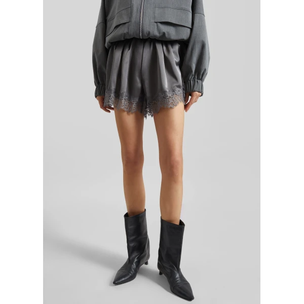 The Frankie Shop Mylah Satin Lace Trim Shorts - Slate Grey - Oversized Minimalist Shorts in Grey - Shop at Luxury Shoes 
