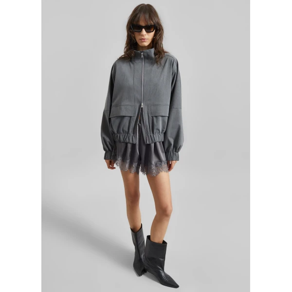 The Frankie Shop Mylah Satin Lace Trim Shorts - Slate Grey - Oversized Minimalist Shorts in Grey - Shop at Luxury Shoes 