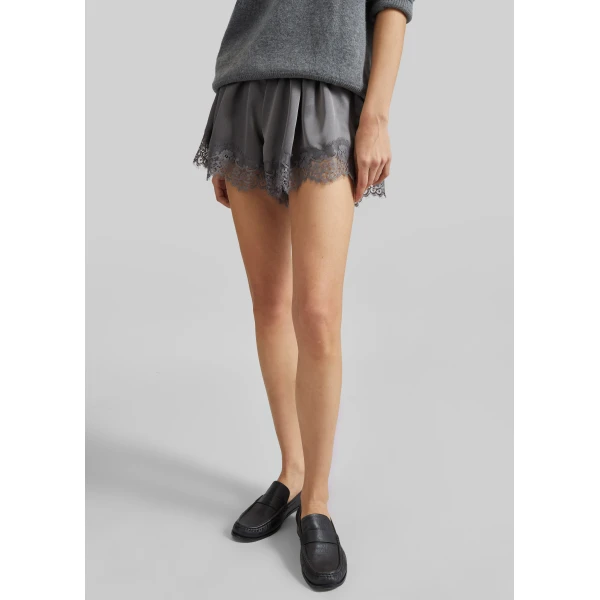The Frankie Shop Mylah Satin Lace Trim Shorts - Slate Grey - Oversized Minimalist Shorts in Grey - Shop at Luxury Shoes 
