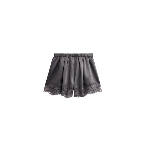 The Frankie Shop Mylah Satin Lace Trim Shorts - Slate Grey - Oversized Minimalist Shorts in Grey - Shop at Luxury Shoes 