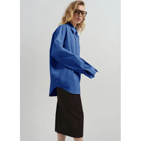 The Frankie Shop Ornella Side Button-Up Shirt - Cobalt - Oversized Minimalist Tops in Blue - Shop at Luxury Shoes 
