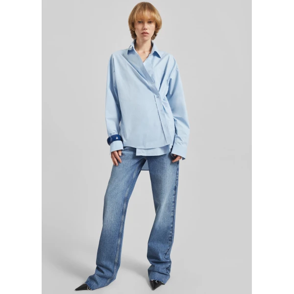 The Frankie Shop Ornella Side Button-Up Shirt - Light Blue - Oversized Minimalist Tops in Blue - Shop at Luxury Shoes 