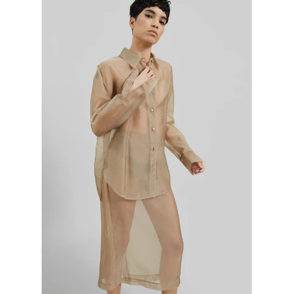 The Frankie Shop Peri Sheer Shirt - Desert Sand - Oversized Minimalist Tops in Beige - Shop at Luxury Shoes 