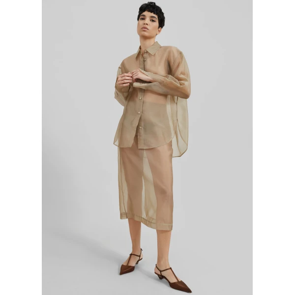 The Frankie Shop Peri Sheer Shirt - Desert Sand - Oversized Minimalist Tops in Beige - Shop at Luxury Shoes 