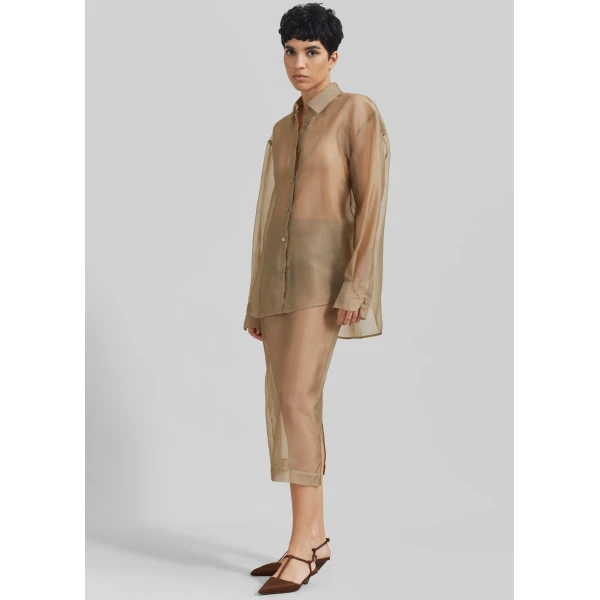 The Frankie Shop Peri Sheer Shirt - Desert Sand - Oversized Minimalist Tops in Beige - Shop at Luxury Shoes 