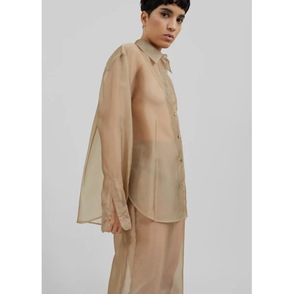The Frankie Shop Peri Sheer Shirt - Desert Sand - Oversized Minimalist Tops in Beige - Shop at Luxury Shoes 