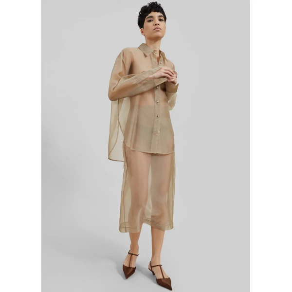 The Frankie Shop Peri Sheer Shirt - Desert Sand - Oversized Minimalist Tops in Beige - Shop at Luxury Shoes 