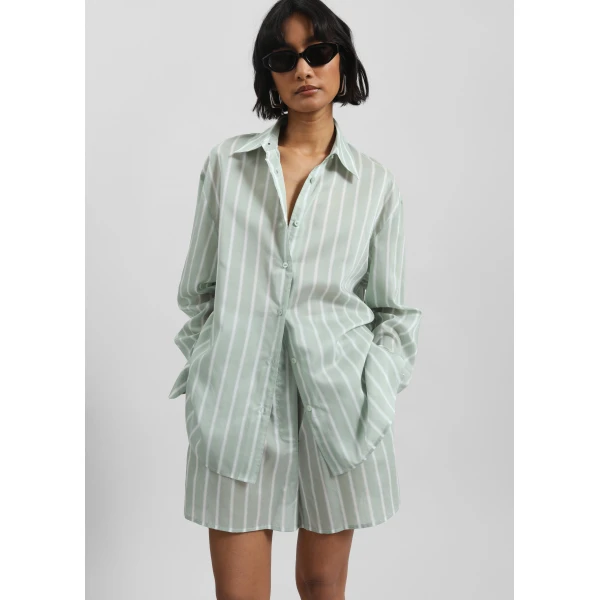 The Frankie Shop Peri Silk Shirt - Green Stripe - Oversized Minimalist Tops in Multicolour - Shop at Luxury Shoes 