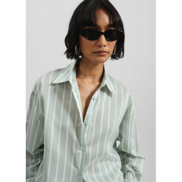 The Frankie Shop Peri Silk Shirt - Green Stripe - Oversized Minimalist Tops in Multicolour - Shop at Luxury Shoes 