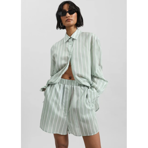 The Frankie Shop Peri Silk Shirt - Green Stripe - Oversized Minimalist Tops in Multicolour - Shop at Luxury Shoes 
