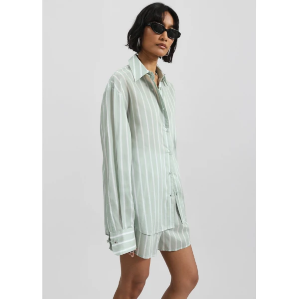 The Frankie Shop Peri Silk Shirt - Green Stripe - Oversized Minimalist Tops in Multicolour - Shop at Luxury Shoes 