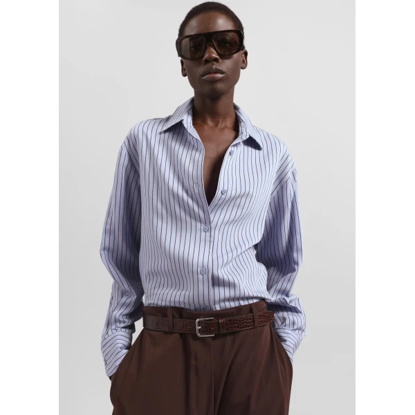 The Frankie Shop Peri Striped Fluid Shirt - Blue/Brown - Oversized Minimalist Tops in Multicolour - Shop at Luxury Shoes 