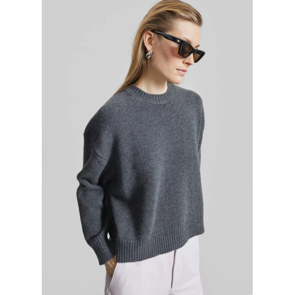 The Frankie Shop Pia Oversized Cashmere Sweater - Anthracite Melange - Oversized Minimalist Knitwear in Grey - Shop at Luxury Shoes 
