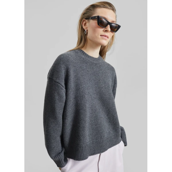 The Frankie Shop Pia Oversized Cashmere Sweater - Anthracite Melange - Oversized Minimalist Knitwear in Grey - Shop at Luxury Shoes 