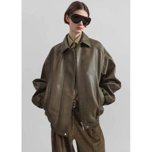 The Frankie Shop Prescott Faux Leather Jacket - Moss Green - Oversized Minimalist Jackets in Green - Shop at Luxury Shoes 
