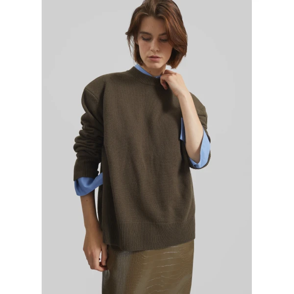 The Frankie Shop Rafaela Padded Knit Sweater - Olive - Oversized Minimalist Knitwear in Green - Shop at Luxury Shoes 