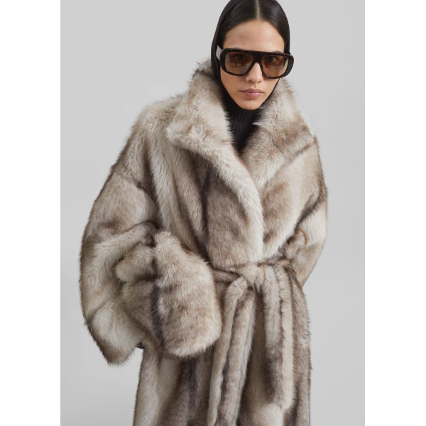 The Frankie Shop Ravello Faux Fur Robe Coat - Grey - Oversized Minimalist Coats in Grey - Shop at Luxury Shoes 